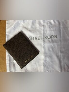 Michael Kors Brown Leather Card & Passport Holder with Gold Logo